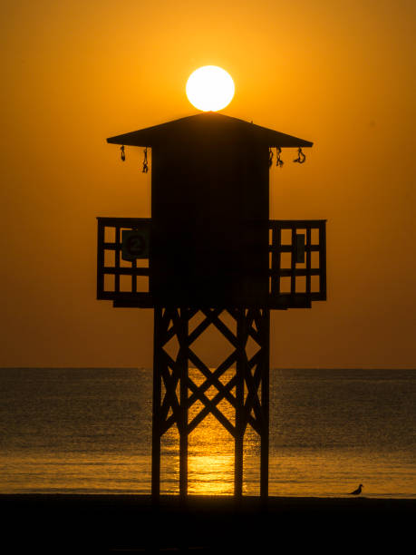 日の出時に太陽を背景にしたバレンシアのビーチでライフガードのための望楼 - lifeguard orange nature beach ストックフォトと画像