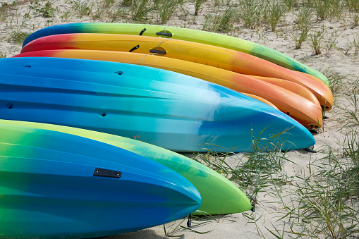 Ocean kayaks in a row on a sandy beach ready to go.