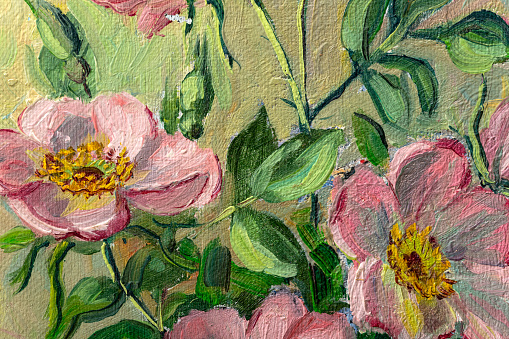 Close of fragment of oil painting depicting still life of flowers in vase. Macro impasto painting.
