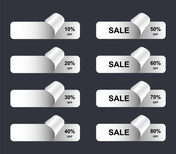 Sale Stickers, Tags And Labels With Percentage Discount. White Sticker With Curled Corner Vector Sale Stickers, Tags And Labels With Percentage Discount. White Sticker With Curled Corner peeling off stock illustrations