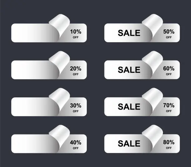 Vector illustration of Sale Stickers, Tags And Labels With Percentage Discount. White Sticker With Curled Corner