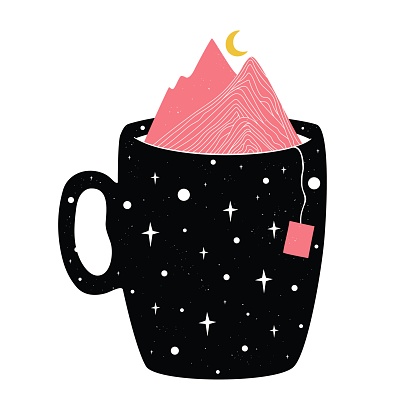 Vector illustration with black cup, pink mountains, white stars and yellow young moon.