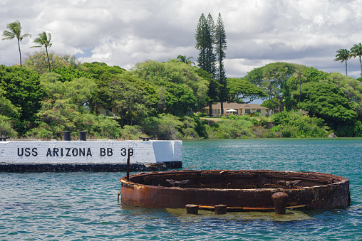 Pearl Harbor National Memorial, Hawaii, USA - August 18. 2021: this image shows a view of the USS Arizona Memorial site.