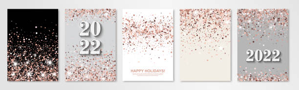 New Year banners set of five with rose gold confetti and 2022 numbers. Vector flyer design templates for holiday invitation cards, business brochure design, certificates New Year banners set of five with rose gold confetti and 2022 numbers. Vector flyer design templates for holiday invitation cards, business brochure design, certificates. All layered and isolated"r"n rose gold glitter stock illustrations