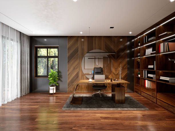 rendering 3d od sala ufficio di lavoro - fine wood foto e immagini stock