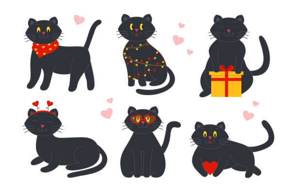 Cats cute with objects for valentines day set Cats cute domestic with different objects, with garland, with heart, with gift, with wreath on head, with scarf and glasses. Design elements for valentines day, greeting card. Vector illustration fat humor black expressing positivity stock illustrations
