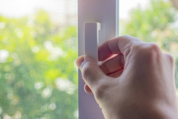istock Hand hold mosquito net wire screen handle on house window 1335774479