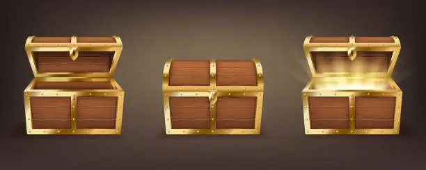 Vector illustration of Set of wooden chests with open and closed lid, full of shining golden coins and empty realistic