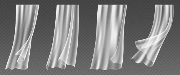 istock Set of realistic window curtains blowing on wind, fluttering white cloths of transparent textile 1335774921