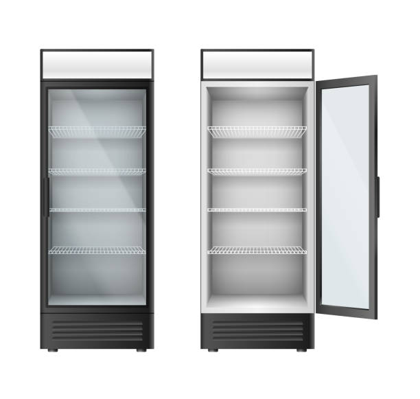음료 음료를 위한 수직 유리 냉장고 쇼케이스. 유리 문이 열리거나 닫힌 냉장고 - good posture stock illustrations