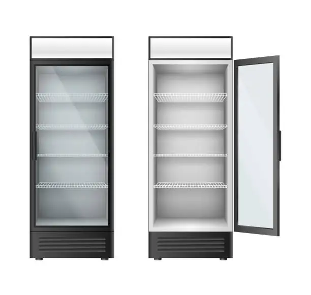 Vector illustration of Vertical glass refrigerators showcase for drinks beverage. Fridges with glass doors open or closed