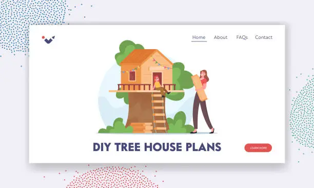Vector illustration of Diy Tree House Plans Landing Page Template. Happy Mother Building Tree House for Daughter. Smiling Female Character