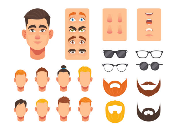 ilustrações de stock, clip art, desenhos animados e ícones de man face constructor, facial elements for construction caucasian male character avatar, heads hairstyle, nose and eyes - food smiling human eye facial expression