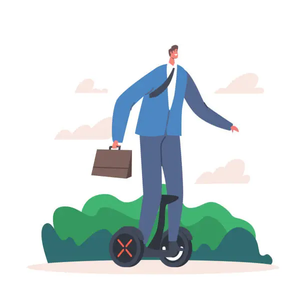 Vector illustration of Young Businessman Character in Formal Wear Riding at Work on Hoverboard at Summertime Park. Man Use Electric Transport