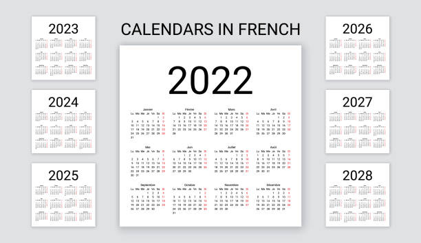 French Calendar 2022, 2023, 2024, 2025, 2026, 2027, 2028 years. Vector illustration. Template planner. French Calendar 2022, 2023, 2024, 2025, 2026, 2027, 2028 years. France calender template. Week starts Monday. Yearly stationery organizer. Minimal, simple design, french language. Vector illustration. french language stock illustrations