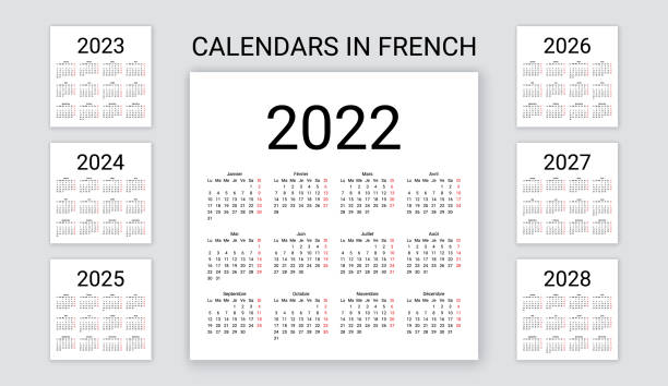 French Calendar 2022, 2023, 2024, 2025, 2026, 2027, 2028 years. Vector illustration. Template planner. French Calendar 2022, 2023, 2024, 2025, 2026, 2027, 2028 years. France calender template. Week starts Monday. Yearly stationery organizer. Minimal, simple design, french language. Vector illustration. 2026 stock illustrations