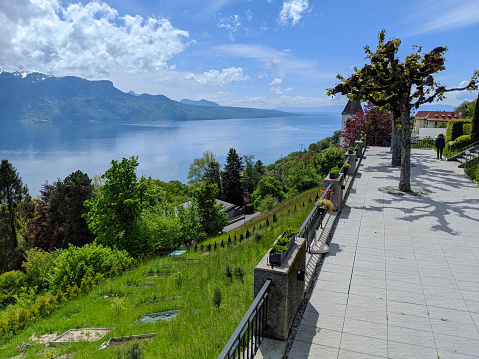 Observation point and terrace overlooking Lake Geneva above the city of Vevey at the trailhead to Mont Pelerin Switzerland