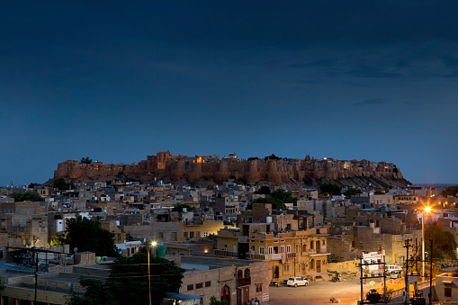 View of the fort at dusk in Jaisalmer, India.