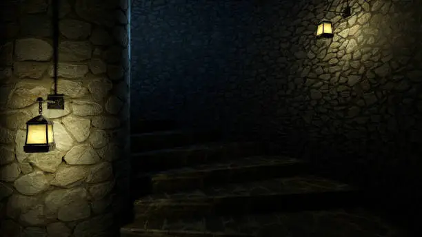 ary Dungeon spiral staircase with old lamps and stone walls. 3d rendering.