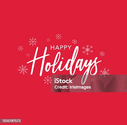istock Happy Holidays Christmas Card Vector Illustration Calligraphy Text with Hand Drawn Snowflakes Over Red Background 1335787573
