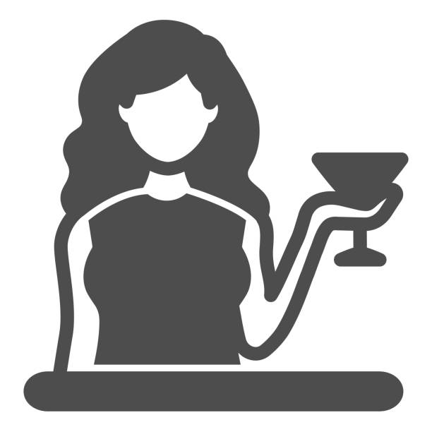 illustrazioni stock, clip art, cartoni animati e icone di tendenza di donna con un bicchiere di icona solida martini, concetto di bar, ragazza con segno vettoriale cocktail su sfondo bianco, icona in stile glifo per il concetto mobile e web design. grafica vettoriale. - bar women silhouette child