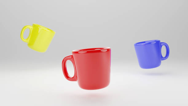 istock Yellow, Red and Blue Coffee cup floating in white background. minimal concept idea creative. 3D render. 1335791429