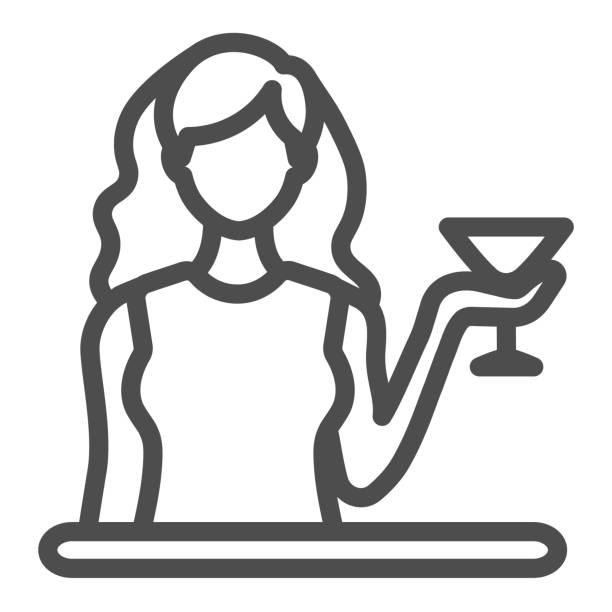 illustrazioni stock, clip art, cartoni animati e icone di tendenza di donna con un bicchiere di icona della linea martini, concetto di bar, ragazza con segno vettoriale cocktail su sfondo bianco, icona di stile contorno per il concetto mobile e web design. grafica vettoriale. - bar women silhouette child