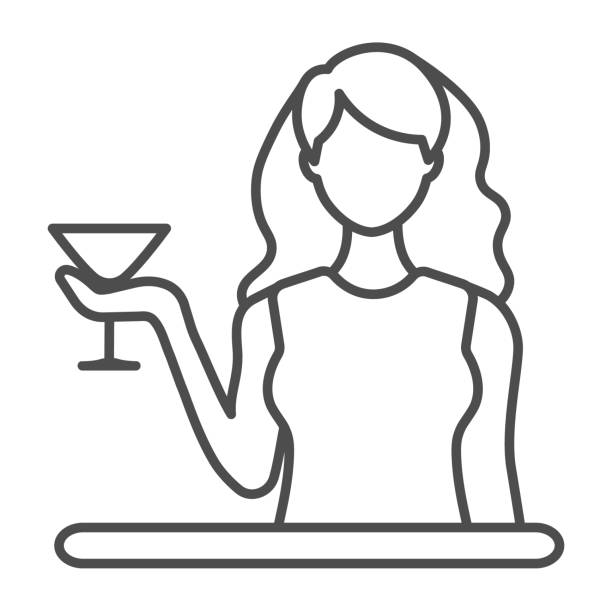 illustrazioni stock, clip art, cartoni animati e icone di tendenza di donna con un bicchiere di martini icona linea sottile, concetto di bar, ragazza con segno vettoriale cocktail su sfondo bianco, icona di stile contorno per concetto mobile e web design. grafica vettoriale. - bar women silhouette child