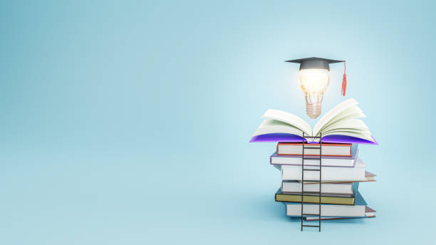 istock Open book with Graduation hat on light bulb. Education, learning on school and university or idea concept. 3d illustration 1335795068