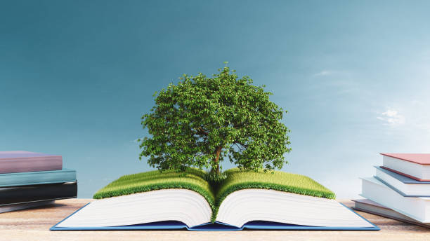 istock 3d illustration. Open book with green grass field and tree on blue sky background 1335795073