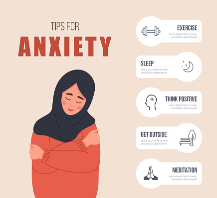 Tips for anxiety. Happy arab woman hugging herself. Mental health concept. Infographic of psychology help. Mood disorder. Vector illustration in flat cartoon style