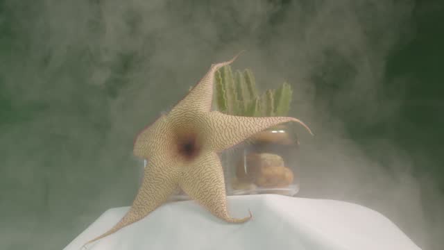 Amazing large Yellow starfish cactus flower in smoke.