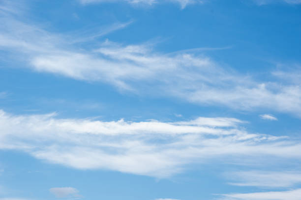 istock Real Soft Textured Feathery Clouds In Blue Sky Background. On a summer day, feathery fluffy clouds of various shapes 1335809121