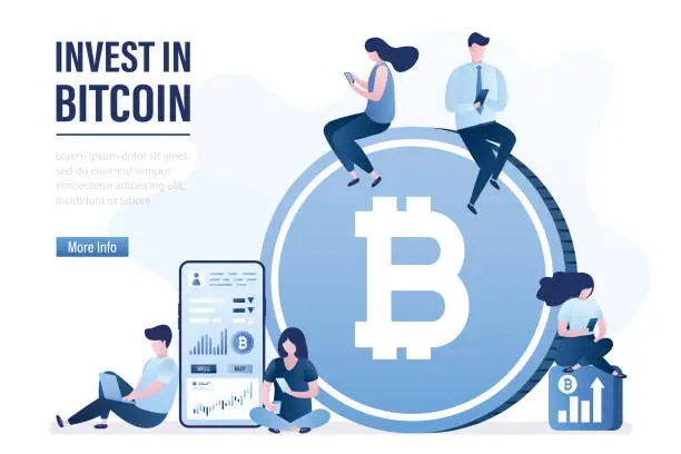 Vector illustration of Business people sitting near big bitcoin. Successful investors invest in bitcoin. Blockchain technology, investment process. Traders makes money