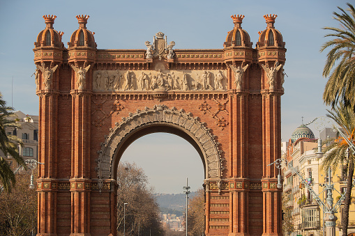 Barcelona, Spain, January 15, 2020:View of the Arc de Triomf, which is a triumphal arch in the city of Barcelona in Catalonia, Spain.