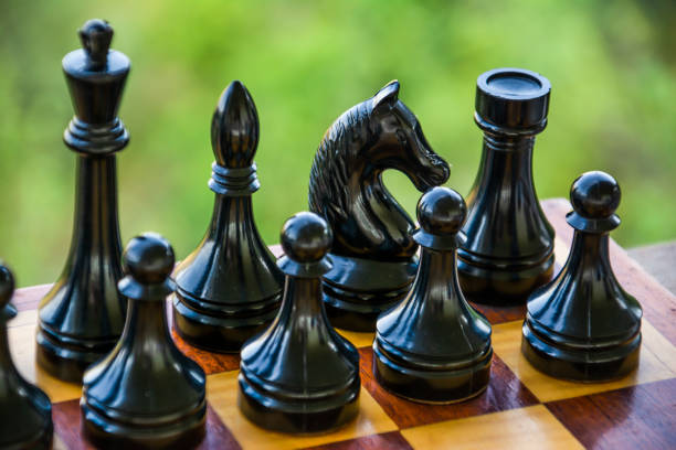 istock Black chess pieces on a chessboard. Game of chess 1335816492