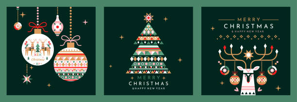 frohe weihnachten und einen guten rutsch ins neue jahr set mit grußkarten - weihnachten illustration stock-grafiken, -clipart, -cartoons und -symbole