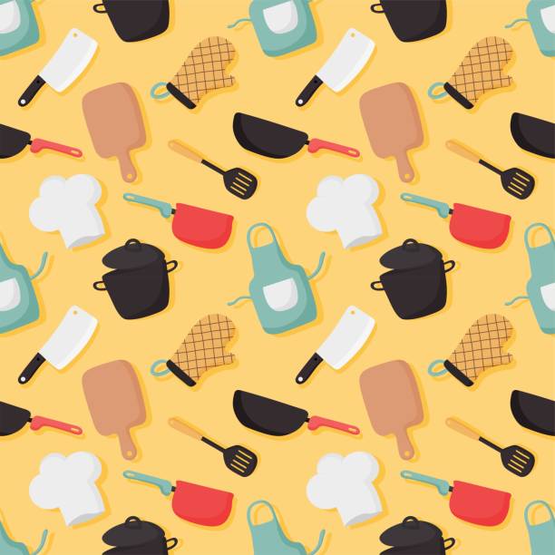 illustrazioni stock, clip art, cartoni animati e icone di tendenza di cucinare cibi modello senza cuciture e icone della cucina impostate su sfondo giallo. illustrazione vettoriale. - blender illustrations and vector art food and drink seamless