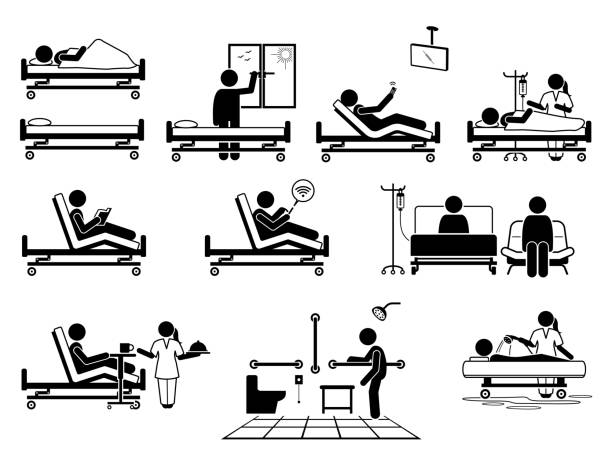 patient im krankenzimmer mit vielen einrichtungen strichmchen piktogramm symbole. - bett stock-grafiken, -clipart, -cartoons und -symbole