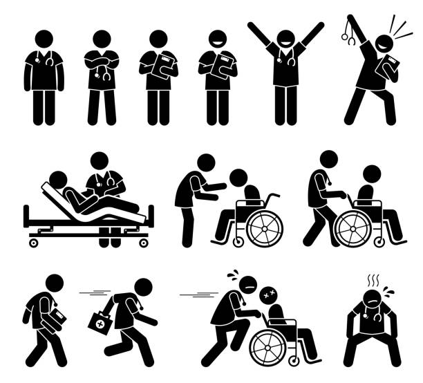 Male nurse and doctor attending to patient stick figure pictogram icon. Vector illustrations depict male nurse and doctor poses, working, and actions at hospital. stick figure stock illustrations