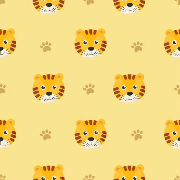 Vector illustration of cute seamless pattern with cartoon tigers for kids. animal on yellow background. vector illustration.