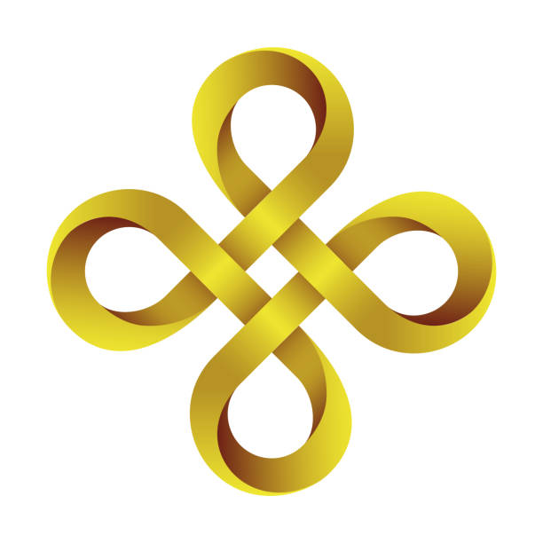 illustrazioni stock, clip art, cartoni animati e icone di tendenza di croce di bowen fatta di strisce mobius d'oro intrecciate. simbolo del tasto di comando. - cross cross shape shiny gold