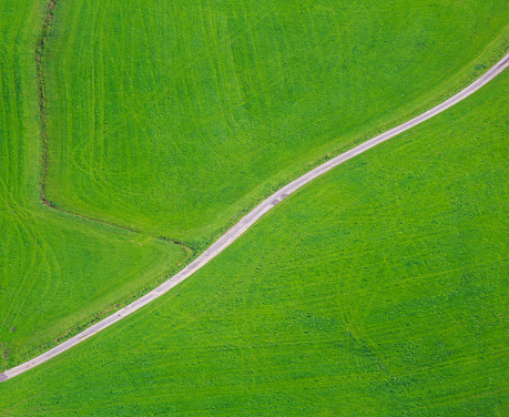 Aerial view to small road in green meadow. Austria landscape