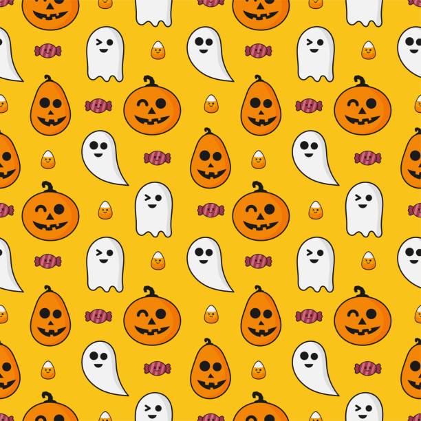 オレンジ色の背景に隔離シームレスなパターン幸せなハロウィーンのアイコン。ベクトルイラストレーション。 - halloween candy candy corn backgrounds点のイラスト素材／クリップアート素材／マンガ素材／アイコン素材