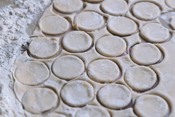 Selective focusing of raw dough blanks for dumplings in close-up