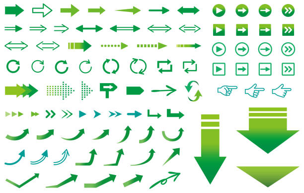 ilustraciones, imágenes clip art, dibujos animados e iconos de stock de iconos de flecha en varios diseños, verde - punta de flecha