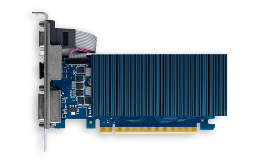 Modern Video / graphics card with large passive cooling and detailed golden connection, isolated against a white background with clipping path