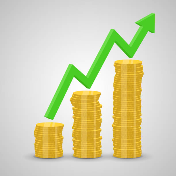 ilustraciones, imágenes clip art, dibujos animados e iconos de stock de pila de monedas en aumento y gráfico de flechas - concepto de crecimiento del dinero y la inversión - stacking balance moving up recovery