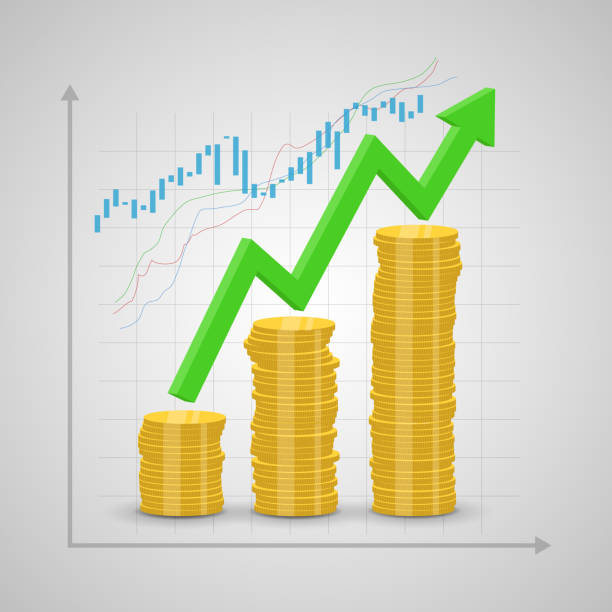 stos monet rosnących i wykres strzałek - koncepcja wzrostu pieniądza i inwestycji - stacking balance moving up recovery stock illustrations