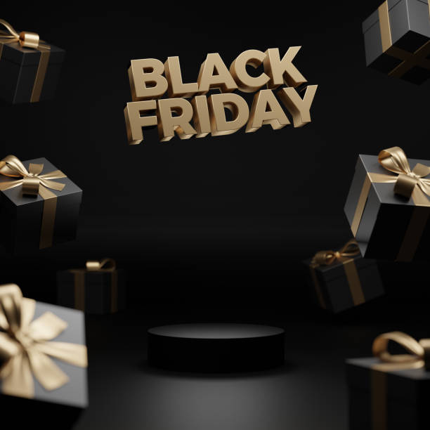istock 3d rendering of Black Friday Super Sale. Realistic black gifts boxes. Pattern with black gift box. Dark background golden text lettering. Horizontal banner, poster, header website. 1335839782